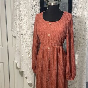 Long Sleeve Dress with Faux Button-Front in Rust Size Medium